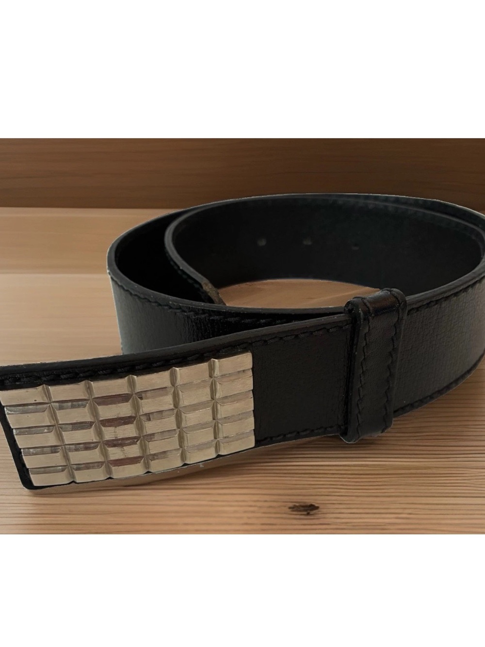 VTG Christian Dior Black Buffalo Calfskin Leather Belt Size 30 Grid Block Buckle